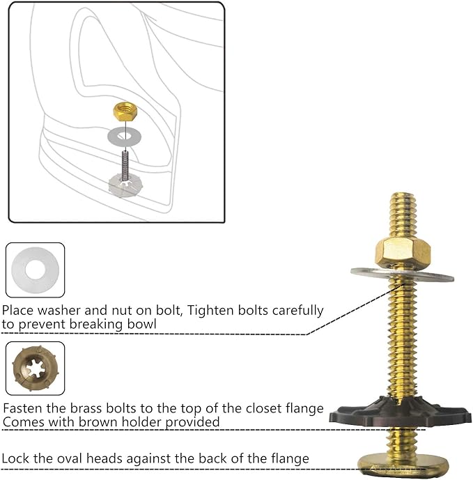 Toilet Floor Bolts and Glow in The Dark Bolt Covers Kit – 2 Pack Brass T-Bolts with Washers, Nuts & PLA Caps – Universal Toilet Mounting Kit for Decorative Installation
