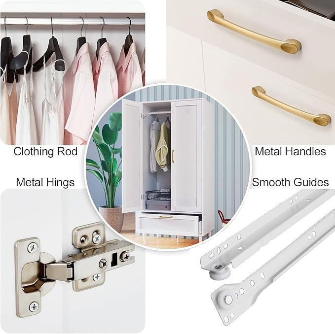 Bedroom Armoire Wardrobe Closet with Hanging Rod,60" 2 Door Almirah for Clothes with Drawers,Morden Storage Cabinet,White