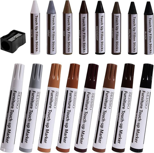 SEISSO Furniture Markers Touch Up - Set of 17 - Furniture Scratch Repair Markers Kit, Wood Touch Up Markers and Wax Sticks with Sharpener, for Scratches, Stains, Floors, Laminate, Cabinet