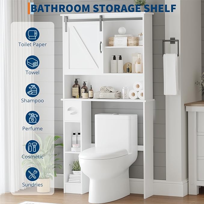 Over the Toilet Storage Cabinet Bathroom Shelf over toilet with Sliding Barn Door, Toilet Organizer with Toilet Paper Holder, Toilet Organizer Rack with Adjustable Shelf for Bathroom, Laundry, White