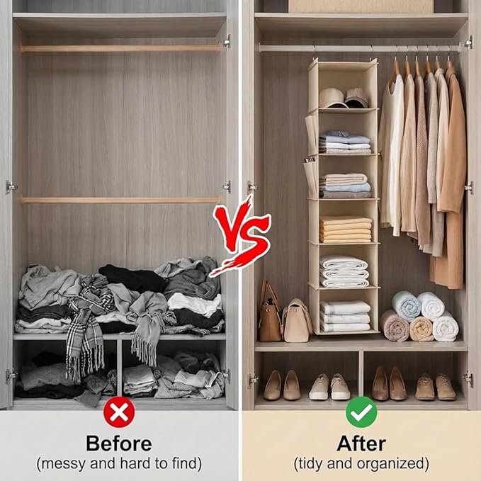 6-Shelf Hanging Closet Organizer with Side Pockets, Closet Hanging Storage Shelves for Clothes, Shoes & Accessories, Space-Saving Wardrobe Storage Solution,Send Goods from Local Warehouse