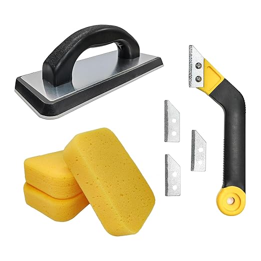 8 Pcs Grout Float Sets Include 9.5 x 4 Inch Molded Rubber Grout Float, 6 Sponge, Angled Tile Saw with 3 Blades Replacement, Removal Tool for Masonry Stucco Drywall Concrete(Yellow)