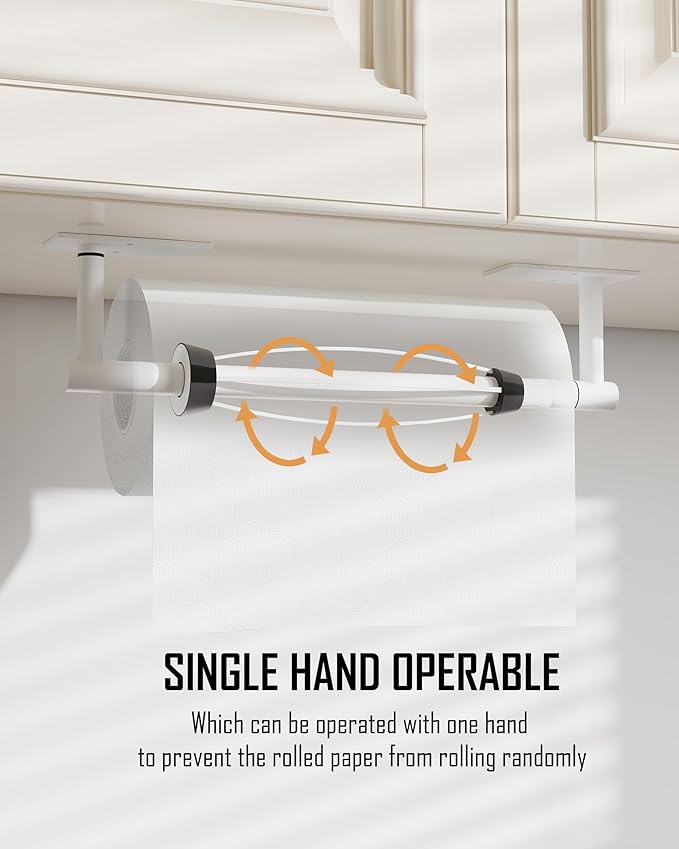 Paper Towel Holder Under Cabinet, Single Hand Operable Roll Holder with Damping Effect,No Drilling or Wall Mounted SUS304 Stainless Steel for Kitchen Bathroom Commercial(White)