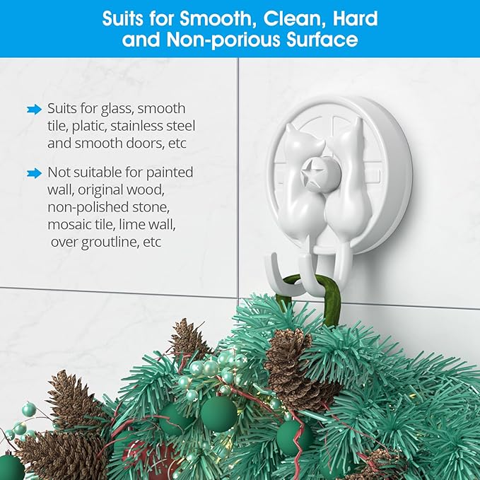 AST Cute Double-Cat Suction Cup Hook, 2 Pack, Heavy Duty Hooks, Upgraded Reliable Force of Both Adhesion and Vacuum, Wall Holders for Loofah, Towel, Coat and Bath Robe, Waterproof Hanger, Matte White