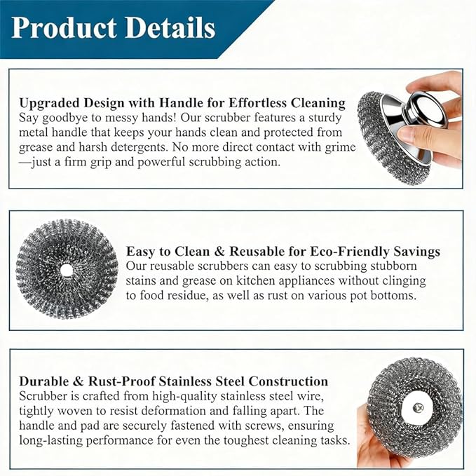 7Pcs Steel Wool Scrubber with Handle - Stainless Steel Scrub Brush Set for Scouring Stubborn Messes from Cast Iron, Pots, Pans, Grill, Stoves, Sink (2 Scrubber + 4 Pads + 1 Screwdriver)