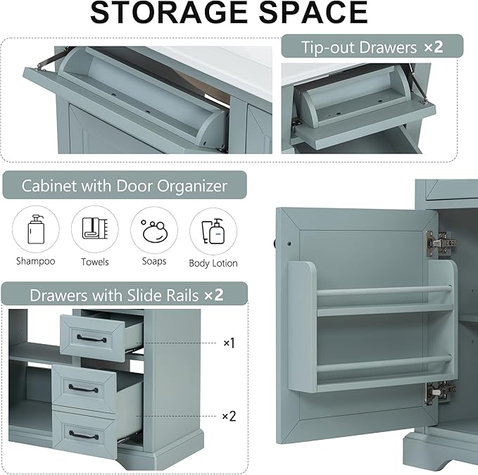 Christopher Knight Home 36" Bathroom Vanity with Ceramic Sink, Wooden Bathroom Vanity Organizer, Bathroom Storage Cabinet, Pedestal Sink Storage Cabinet, Adjustable Door Shelves+Drawer, Green Grey