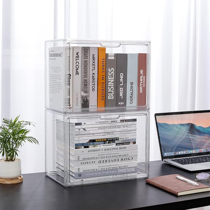 FABROK 2Pcs Clear Book Storage Organizer Box, Plastic Stackable Book Display Case with Magnetic Door, Assemble Storage Showcase for Toy Dolls, Books, Shoes Organizing