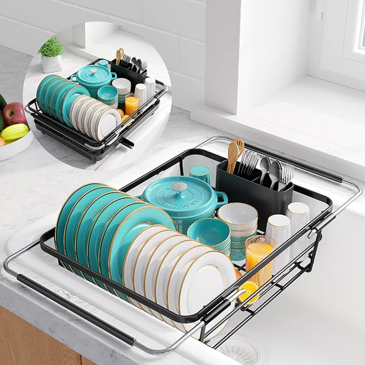 Extendable Dish Drying Rack Over Sink with Dish Drainer, Sink Organization and Storage Essentials with Silverware & Utensil Holder, Home and Apartment Decor, 12" W x 16.1~23" L, Black