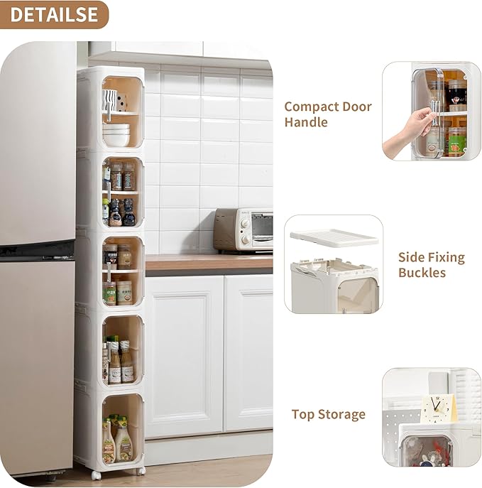 Narrow Bathroom Storage Cabinet with Wheels,3 -Tier Plastic Slim Organizer with Adjustable Shelves for Small Spaces,Bathroom, Kitchen, Milky White