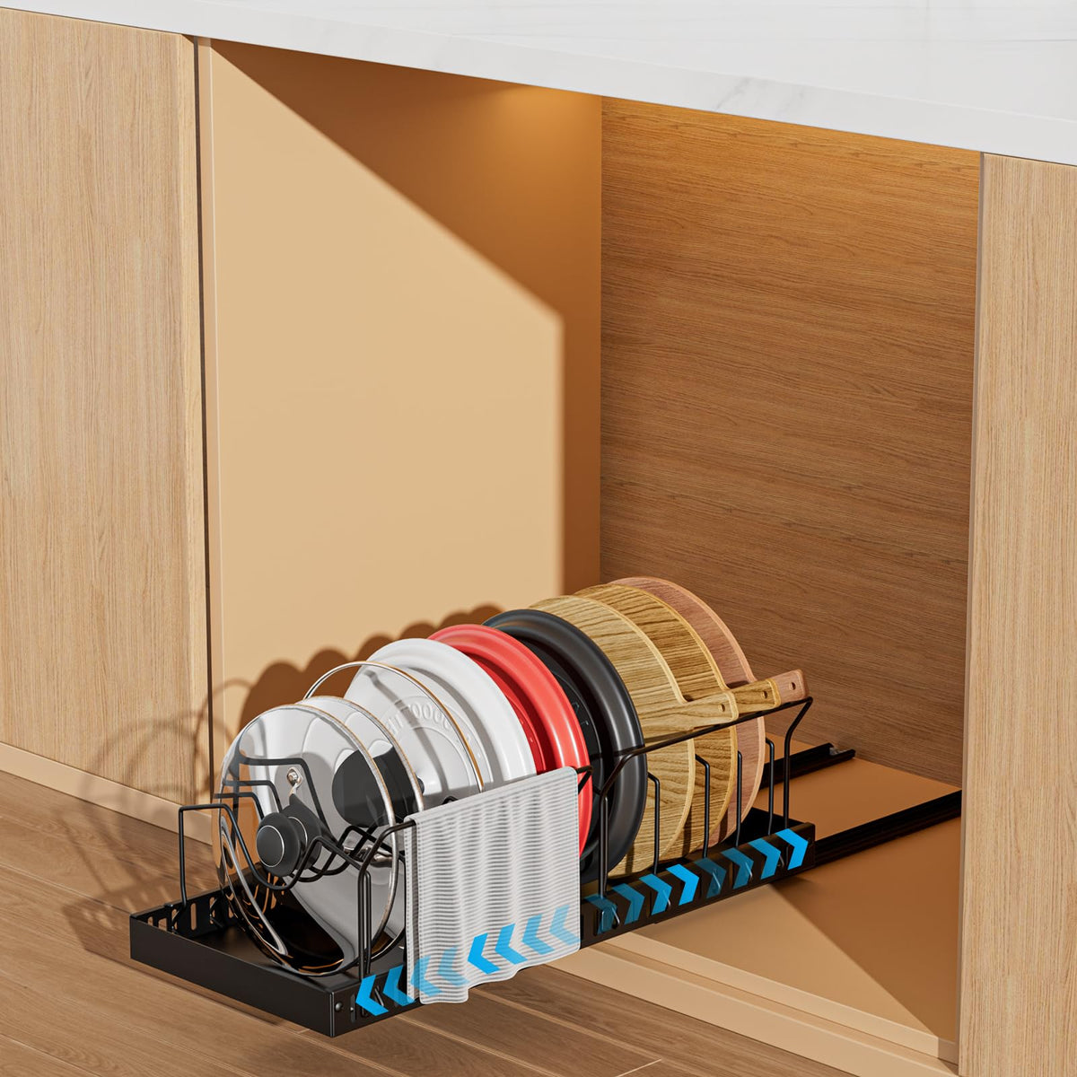 Black Pull Out Pot Lid Organizer, Cabinet Pan Rack, 10 Dividers - Image 1