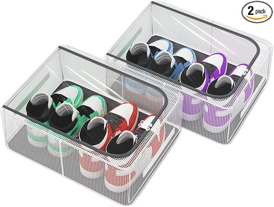 Stackable Storage Boxes with Clear Lids, 15.8-Inch Closet Storage Container with Metal Frame for Shoe, Boot, ﻿Sneaker (2 Pack, 19Qt, 15.8x11.8x6in)