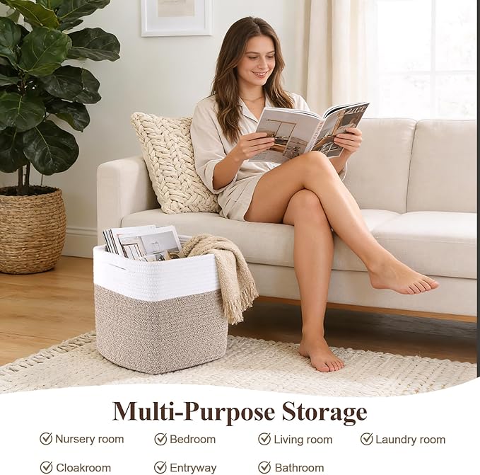 Storage Cubes 11 Inch Storage Baskets for Shelves, Set of 3 Cotton Rope Woven Baskets for Organizing, Cube Storage Square Bins for Toy, Playroom Decor, Classroom, Closet, White+brown
