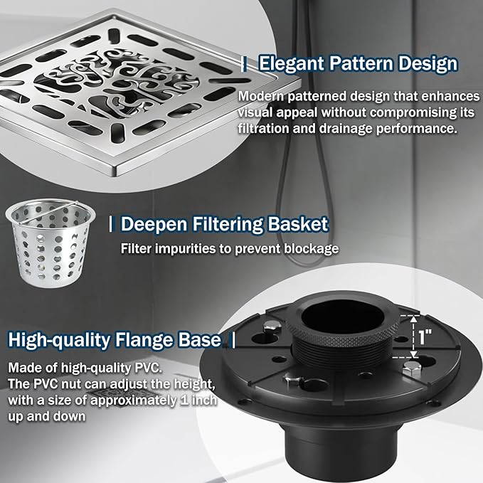 4 Inch Shower Drain, Square Shower Floor Drain Kit with Flange and Removable Cover Grate, AISI 304 Stainless Steel, Brushed Nickel
