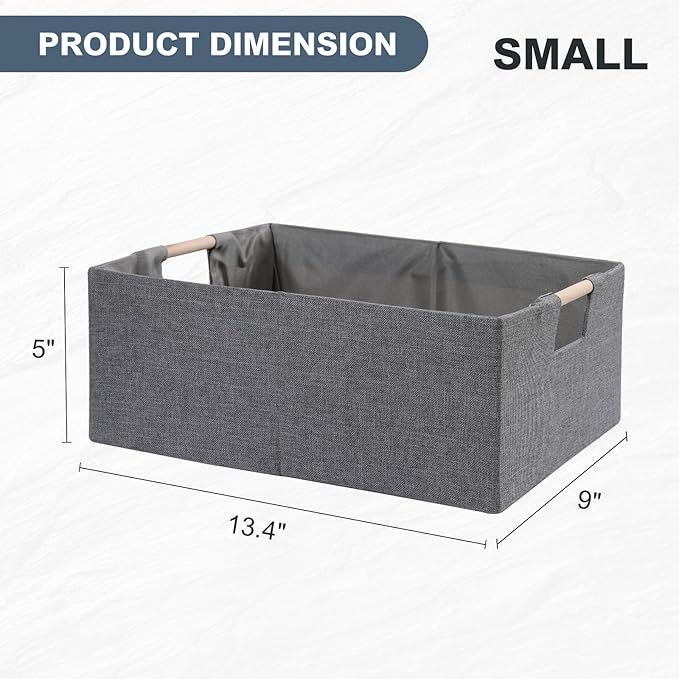 ANMINY 2PCS Storage Baskets for Organizing Collapsible Fabric Storage Bins Boxes with Wood Handles Closet Shelves Cube Organizer Bins Clothes Laundry Storage Container - Small, Gray