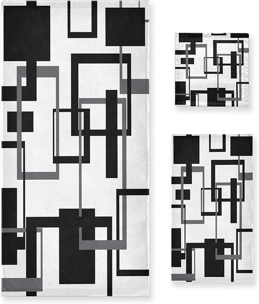 3 Piece Black White Geometric Bath Towels Set,Microfiber Absorbent Abstract Mid Century Gray Towels for Bathroom,1 Bath Towel,1 Hand Towel,1 Washcloth,Modern Decorative Bathroom Towels