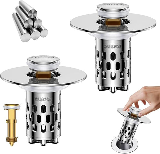 Bathroom Sink Stopper,All Metal Pop-Up Sink Drain Strainer with Removable Stainless Steel Filter Basket, Universal Bathroom Hair Catcher Fit for 1.1-2.36'' Drain (Silver, 2 Pack)