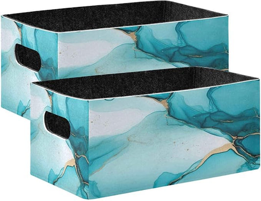 Kcldeci Ocean Marble Blue Gold Storage Bins Baskets for Organizing 2Pack, Sturdy Storage Basket Foldable Storage Baskets for Shelves Closet Nursery Toy