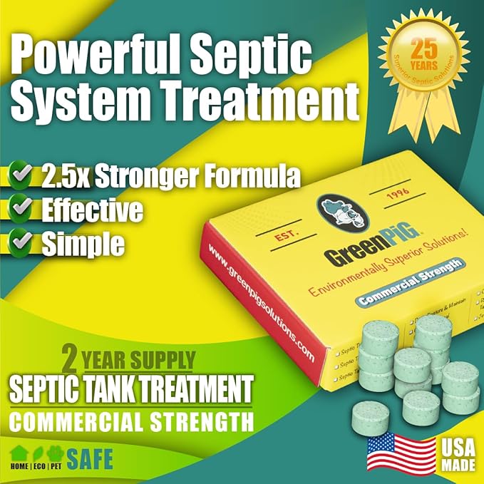 Green Pig Septic Tank Treatment Pucks – Enzyme & Bacteria-Based Treatment for Preventative Septic Maintenance, Helps Reduce Odors & Buildup, 2-Year Supply (12 Pucks)
