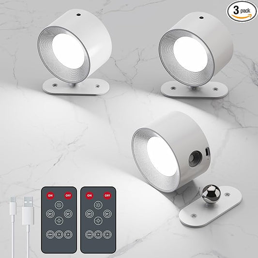 3Pack Battery Operated Wall Sconce, 3 Color Modes 3 Brightness Levels 360°Rotation Lighting Timer Touch & Remote Control, Wall Mounted Lamp LED Wall Lights for Bedroom Reading Bedside (White)