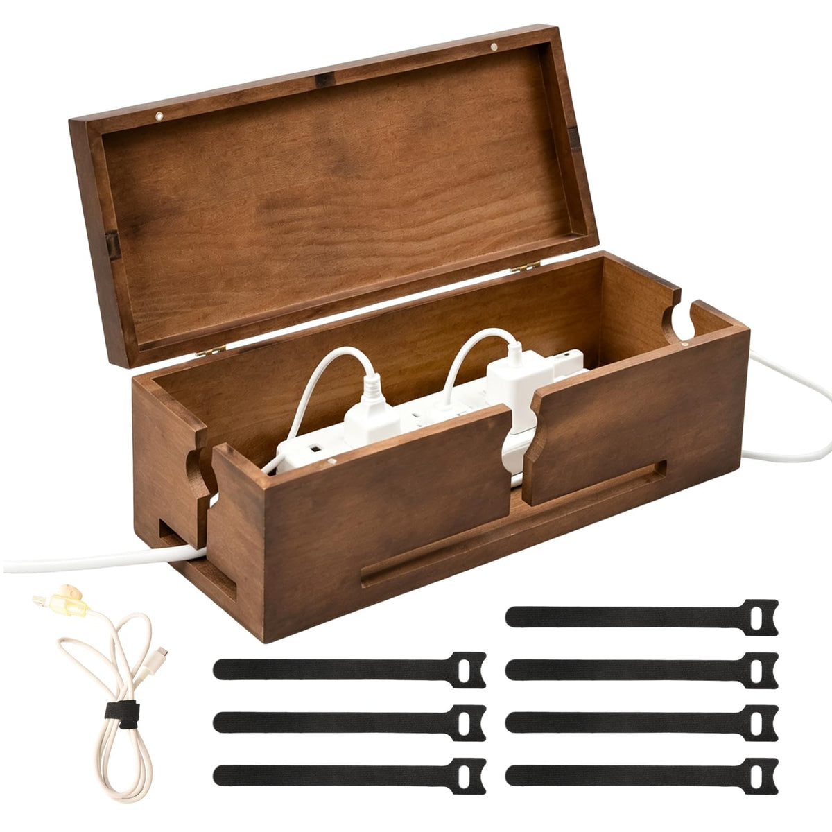 Wood Cable Management Box for Power Strip, Solid Wood Cord - Image 1