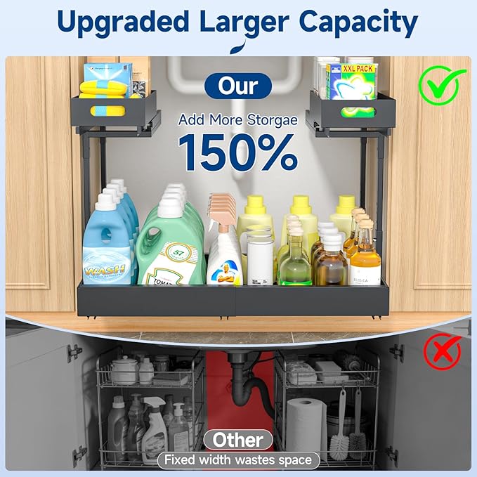 Insputer 2 Pack Under Sink Organizer Expandable Width 9.8"-15" & 2 Tier Under Sink Organizer with 3 Slide Rails, Under Cabinet Storage Expandable 15"-25"