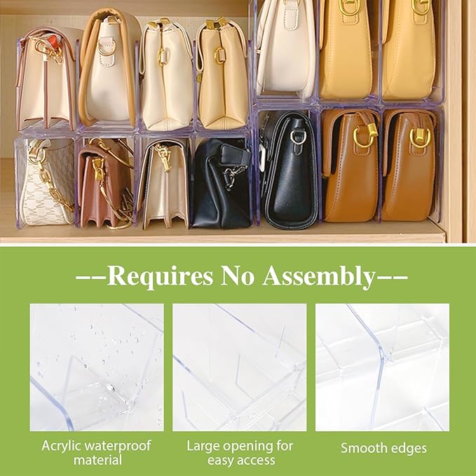 2 Pcs Purse Organizer for Closet, Acrylic Clear Purse Storage Organizers, Closet Organizers and Storage Purse Handbag Divider Holder, 4 Sections Purse Organizers Dividers in Bedroom Office (white)