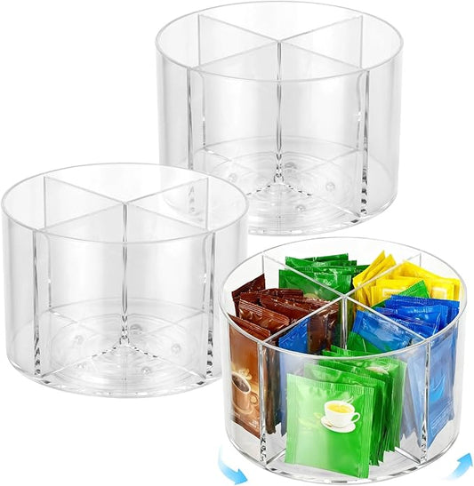 3 PCS Rotating Drink Packet Organizer, 360° Round Turntable with 4 Compartments, Clear Lazy Susan Organizer for Flavor Packets, Coffee Pods, Drink Mixes, Tea Bags, Kitchen Countertop Storage