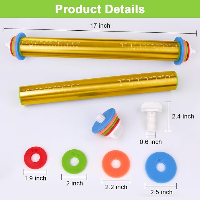 Wood Rolling Pin with Thickness Rings, Adjustable Wooden Rolling Pins for Baking, Adjustable Rolling Pins for Baking, Stainless Steel Rolling Pin with Thickness Rings, Metal Dough Roller for Fondant