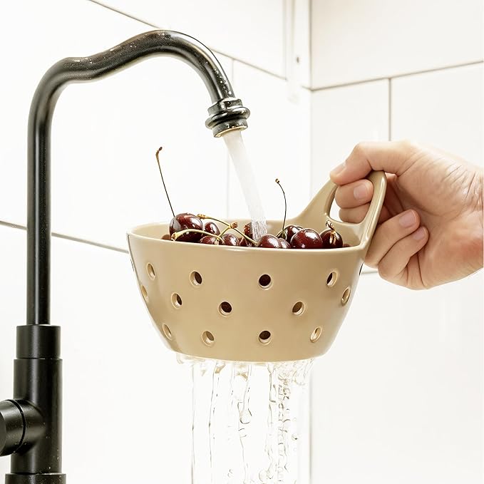 Ceramic Berry Basket Colander Strainer Set of 2 with Comfort Handles for Washing and Serving Fruits (Beige)