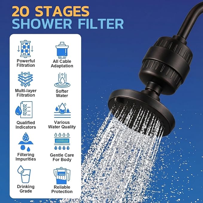 Oil Rubbed Bronze Shower Head Filter for Hard Water, Shower Water Filter to Remove Chlorine,Fluoride & Heavy Metals,Improve Skin Condition, Itchy Scalp & Hair Loss with 6 Replacement Cartridges