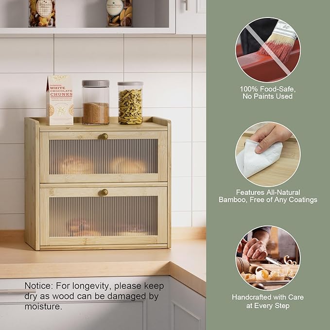 Bread Box for Kitchen Countertop Wooden Bread Storage Container Bin 2 Layer Corner Breadbox Large Capacity, Vintage Farmhouse Food Organizer Pantry Shelf with Window - Natural Bamboo