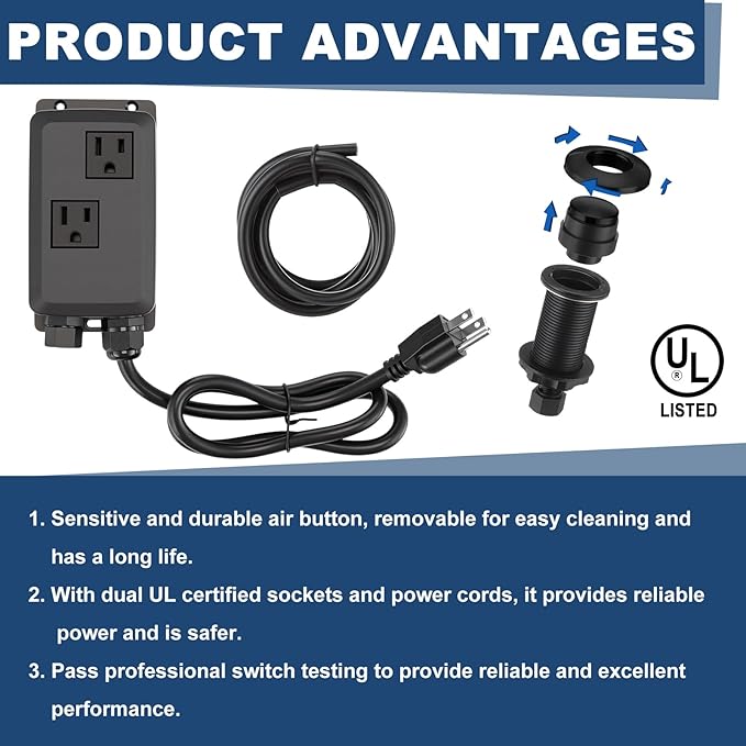 Garbage Disposal Air Switch Kit Wireless Sink Top Garbage Disposal Button Stainless Steel/On/Off Waterproof Button Kit with Long Switch Matte UL Listed(Dual Outlet,Black,Long Size)