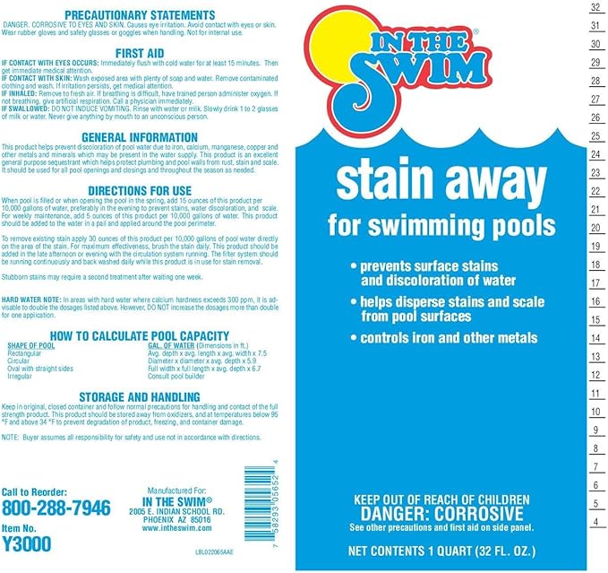 In The Swim Stain Away for Above Ground and Inground Swimming Pools - Removes Mineral Stains from Iron, Copper, and Magnesium in Swimming Pools - 1 Quart - 2 Pack