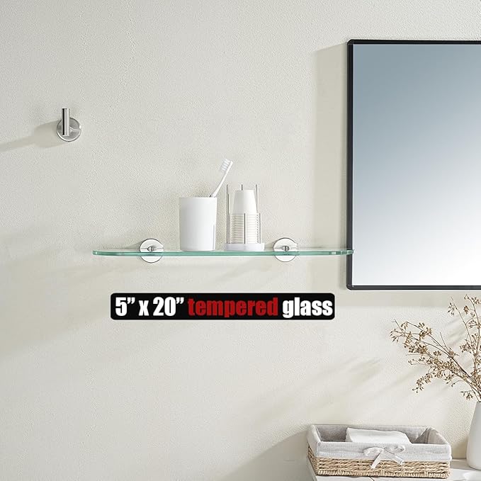 JQK Bathroom Glass Shelf, Floating Tempered Glass Shower Storage 20 by 5 inches, 304 Stainless Steel Brushed Finish Wall Mount 2 Pack 2 Pack, TGS121L20-BN-P2