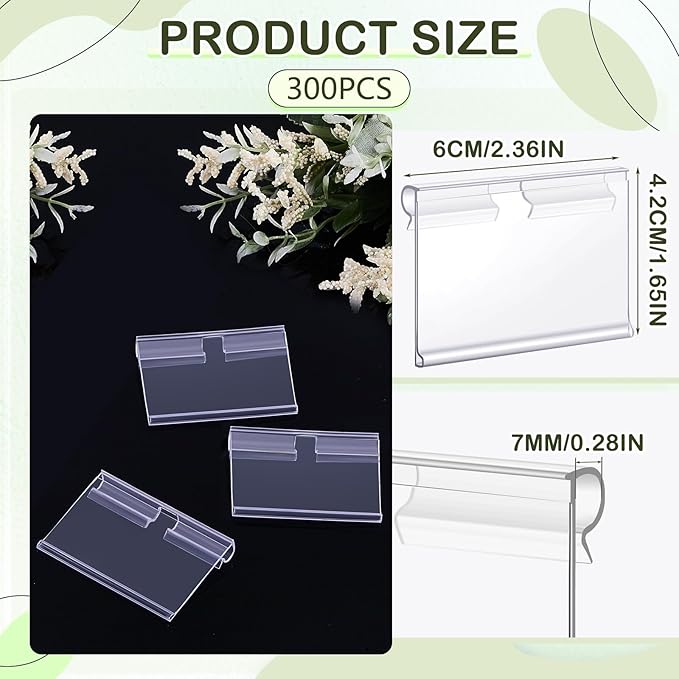 Tatuo 300 Pcs Reusable Plastic Wire Shelf Label Holders, Price Card Sign for Pantry Retail Supermarket Merchandise Shopping Mall Shop Ticket Display Holder Clip on Design, 2.36" L x 1.65" H (Clear)