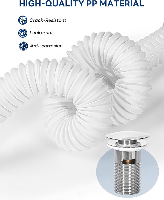 BOTEMY Polished Bathroom Sink Drain Kit with Flexible Sink Drain Pipe -No Tool Installation,11.8-28.4" Anti-Odor Expandable Sink P-Trap,1.25"-1.5" Pop Up Stopper &Strainer Hair Catcher(with Overflow)