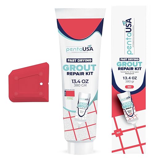 Tile Grout Repair Kit - Red - Premixed Acrylic Sanded Grout, Waterproof Formula, Bathroom & Shower Grout Repair, with Plastic Applicator, 13.4 oz / 380 g / 0.84 lb