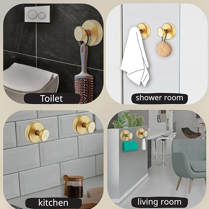 Suction Cup Hooks 4 Pack – Heavy Duty No Drill Bathroom Towel Hooks, Removable Reusable Stainless Steel Shower Wall Hooks for Kitchen, Glass, Door, Bathrobe, Coat & Accessories
