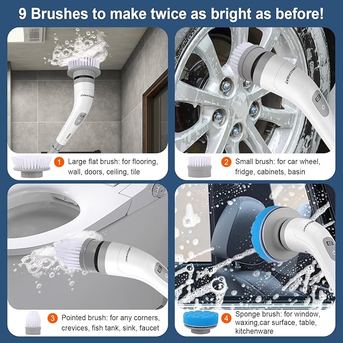 9-in-1 Multi-Purpose Electric Spin Scrubber for Cleaning, 2 Speed Long Handle Shower Scrubber, Replaceable Cleaner Brush Heads for Floors, Windows, Bathtub, Grout, Tiles, Sink, Car, Bathroom