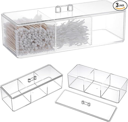 3 Pack Clear Acrylic Organizer with Lid, 3 Compartments Cotton Ball and Swab Holder Jar, Waterproof Bathroom Storage Containers for Vanity, Makeup Pads, Cosmetics, 8.94x3.54x2.56 Inch