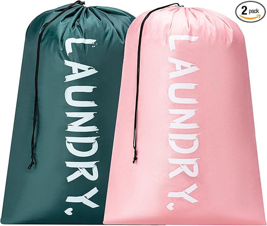 2 Pack XL Travel Laundry Bag, Machine Washable Dirty Clothes Organizer with Drawstring,Large Enough to Hold 4 Loads of Laundry, Easy Fit a Laundry Hamper or Basket Travel Essentials 24" x 36"