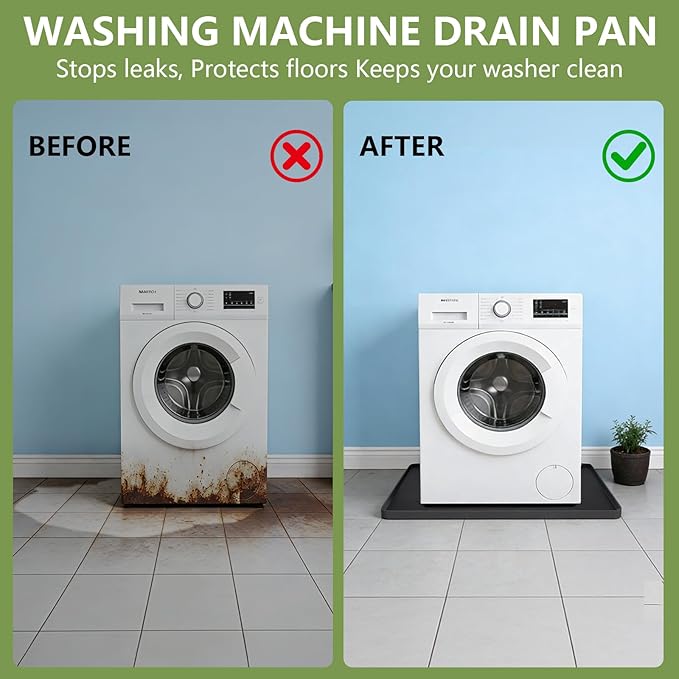 27×27×0.79inch Washing Machine Pan, With Raised Edge Washer Drip Tray, Drain Pan Silicone Mat, Foldable Portable Anti-Vibration Non-Slip Waterproof Pad, Textured Surface (Black)