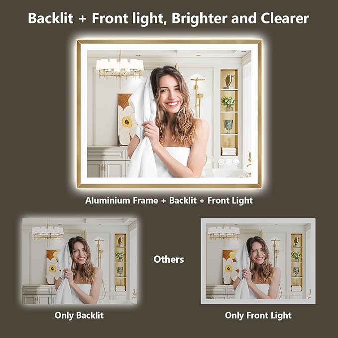 48x38 Gold Framed LED Bathroom Mirror with Lights, Backlit and Front Light, Lighted Bathroom Vanity Mirror for Wall Dimmable Anti-Fog Memory Tempered Glass Horizontal/Vertical
