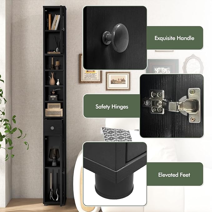 LDAILY 71”Tall Narrow Storage Cabinet, Skinny Bathroom Storage with 1 Drawer, 2 Doors, 5 Adjustable Shelves and Anti-Tipping Device, Wooden Slim Bathroom Cabinet for Office, Kitchen, Small Space