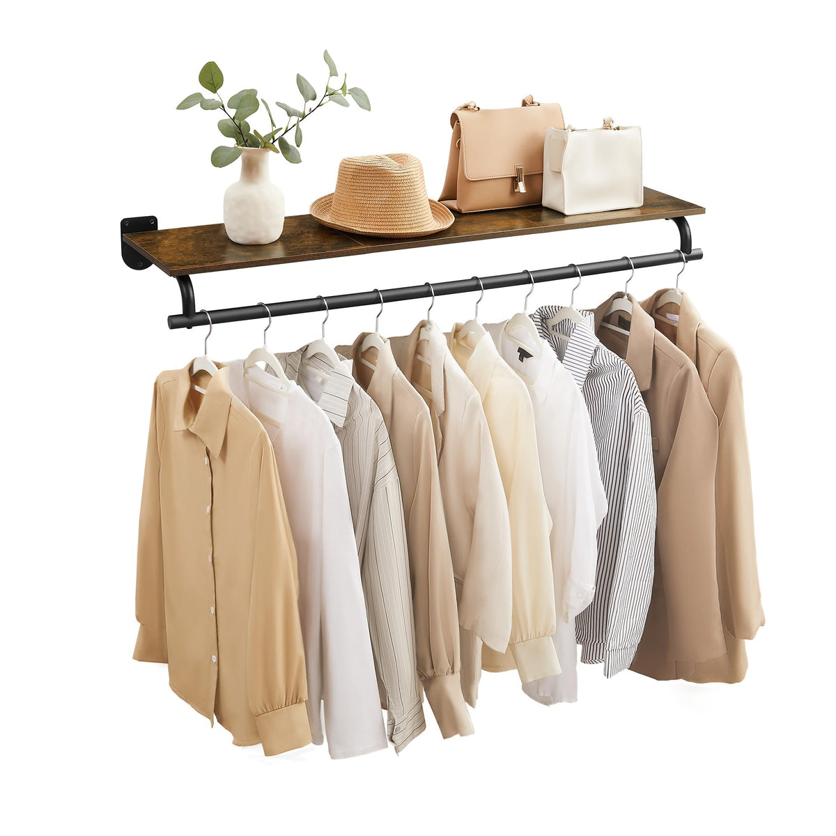 SONGMICS Wall Mounted Clothes Rack with Top Shelf, Hanging Rod - Image 1