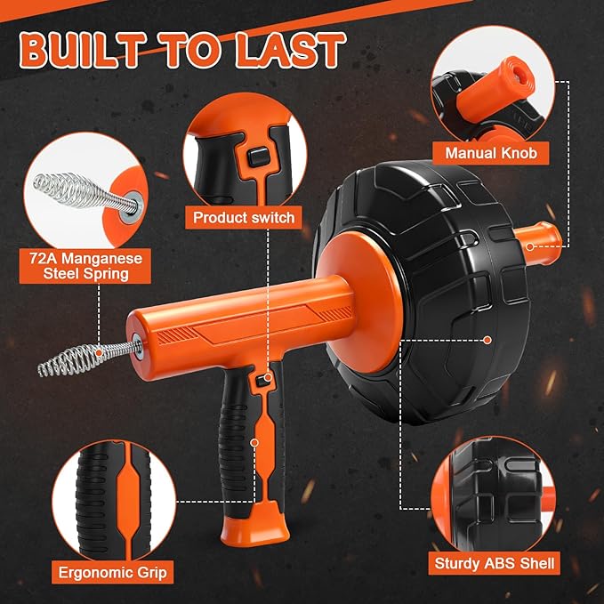 45 FT Drain Snake Tools, Manual Or Powered Double Mode Auto Retract Drain Drain Auger with Drill Attachment, plumbing snake for Sink、 Drain Unblocking、Toilet、Shower、Kitchen、Sink