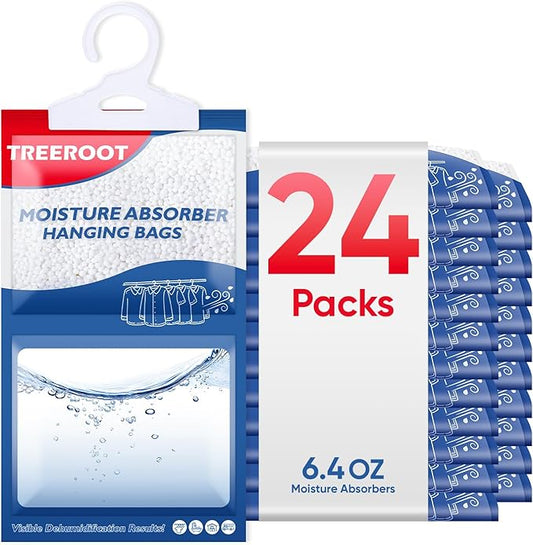 24 Pack Moisture Absorbers for Closet, 6.4OZ Hanging Closet Dehumidifier Bags, Hanging Humidity Absorber in Wardrobes, Kitchens and Bathrooms