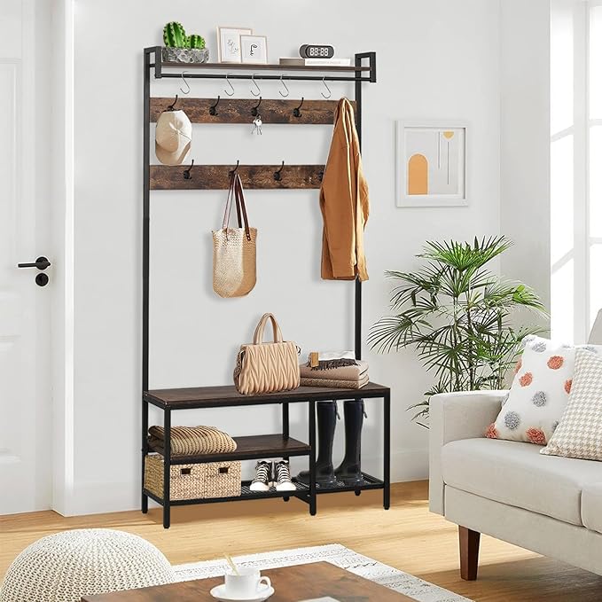 Coat Rack with Shoe Storage, 5 in 1 Entryway Furniture, Hall Tree with Bench and Shoe Storage, Coat Rack Freestanding with 14 Hooks and a Hanging Rod