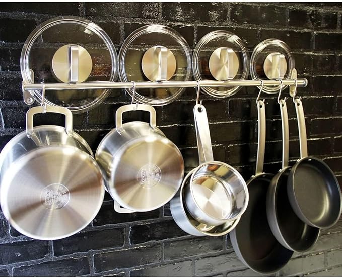 Premium Chefmate Stainless Steel Gourmet Kitchen 23 Inch Wall Mount Rail and 10 S Hooks Set Utensil Pot Pan Lid Rack Storage Organizer, Silver (23 Inch)