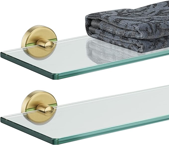JQK Bathroom Glass Shelf Gold, Tempered Glass Shower Storage 12 by 5 inches, 304 Stainless Steel Brushed Gold Wall Mount 2 Pack, TGS101L12-BG-P2